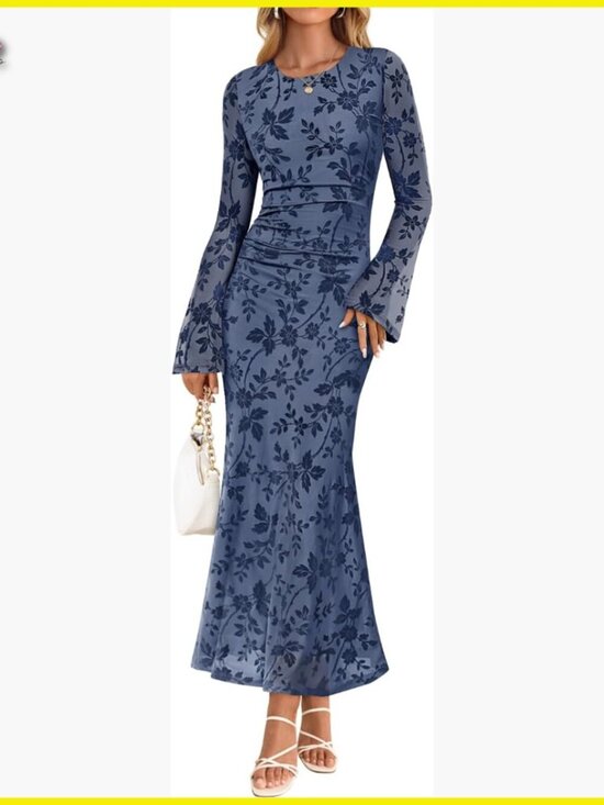 Dresses & Skirts - Long Sleeve Floral Bodycon Maxi Dress Ruched Mesh Wedding Guest Cocktail